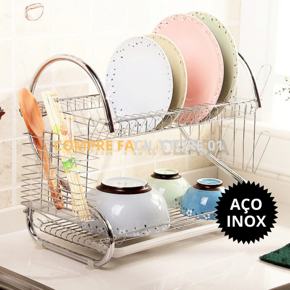 Escorredor de Louças Aço Inox Com Suporte de Talher e Copos Cozinha