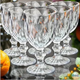 Conjunto 6 Taças De Vidro 320ml Diamond Transparente Vinho Água Suco Champagne