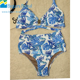 Biquíni Top Bojo com Detalhe de Metal Exclusivo e Calcinha Alta Hot Pant - Estampa Costela de Adão