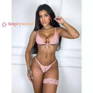Conjunto Fernanda sexy renda amarração fita cetim com perneira sem bojo lingerie apressadinha