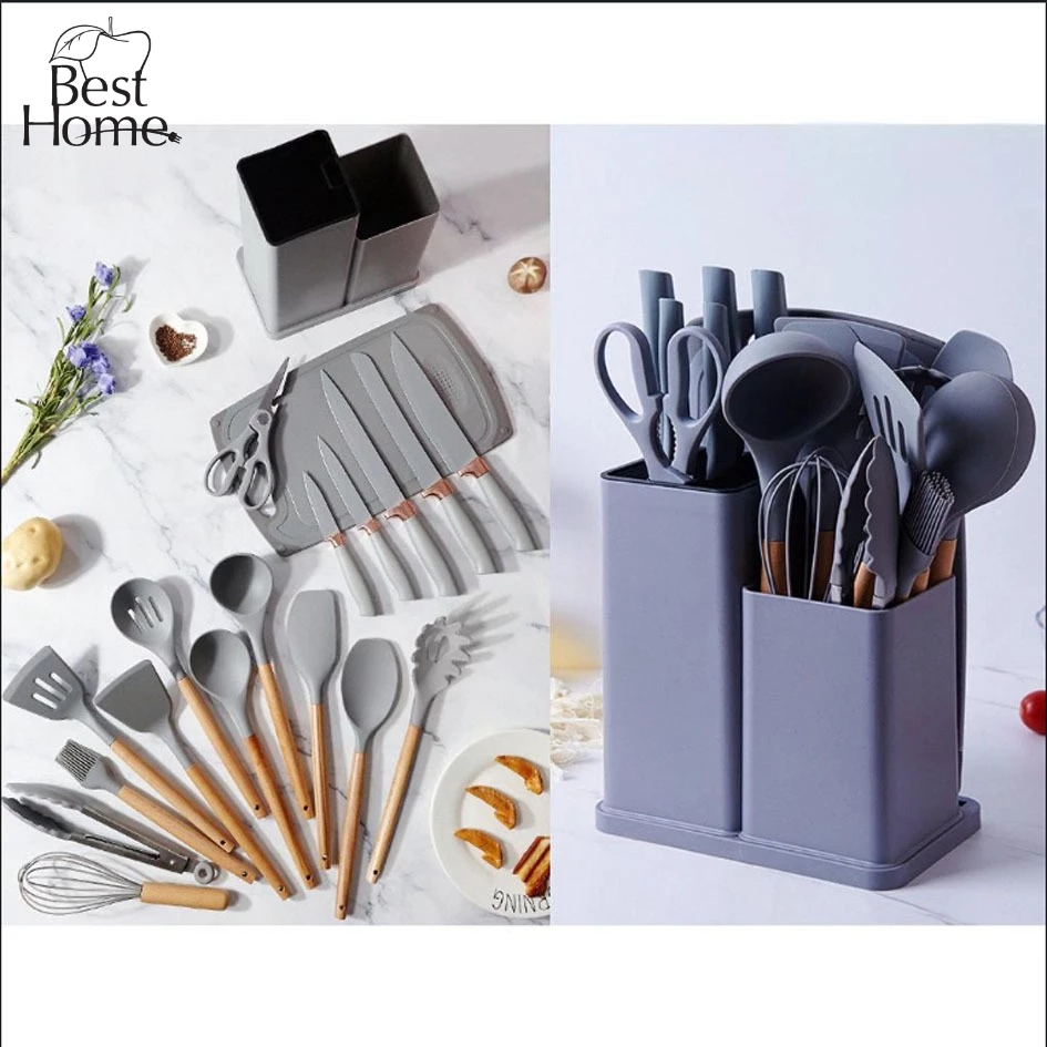 Kit Completo Jogo Utensílios de Cozinha Luxo 19 Peças Com Tábua em Silicone Espátula Faca Tesoura