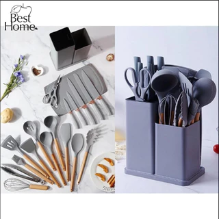 Kit Completo Jogo Utensílios de Cozinha Luxo 19 Peças Com Tábua em Silicone Espátula Faca Tesoura