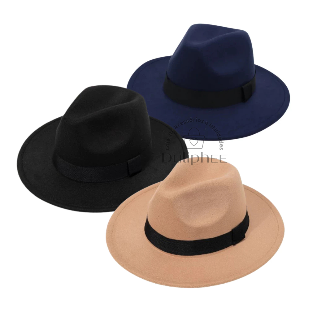 Chapéu Fedora Masculino Feminino Feltro Aba 7cm Média Regulável Chapeu Preto