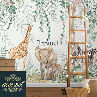 papel de parede floresta com animais em aquarela com nome personalizado