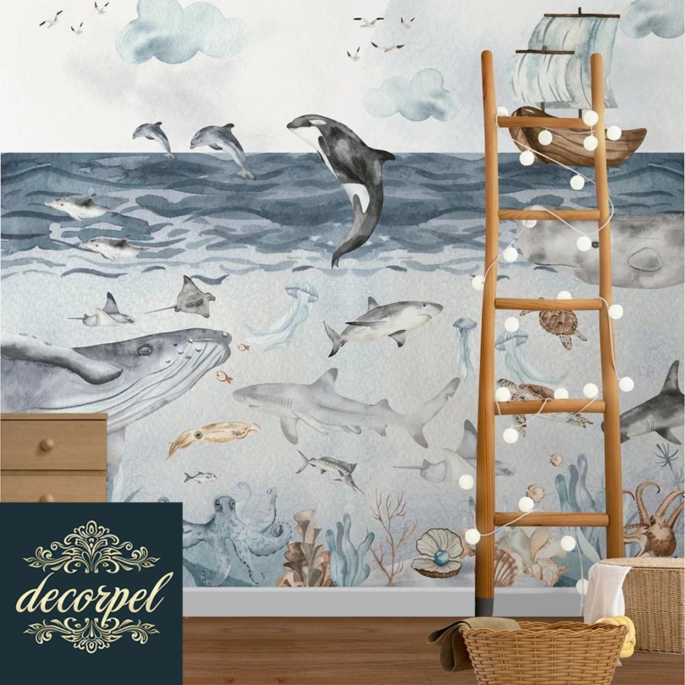 papel de parede fundo do mar com animais marinhos em aquarela