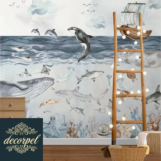 papel de parede fundo do mar com animais marinhos em aquarela