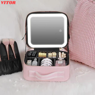 Bolsa De Maquiagem Com Espelho Iluminado Estojo Cosmetic Caixa Organizadora Pinceis Recarregável 3 Luzes Coloridas VITOR