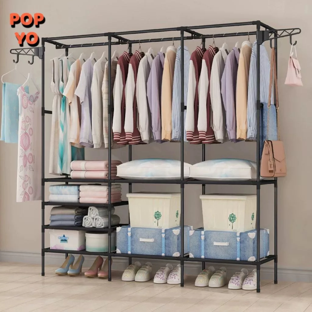 Guarda Roupa Portátil Arara Multifuncional Desmontável Organizador Estrutura de Aço 3 compartimentos POP YO