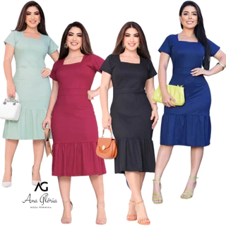Vestido Feminino Mídi Manga Curta Tendencia Malha Canelada forrada Moda Social Evangélica Plus Size