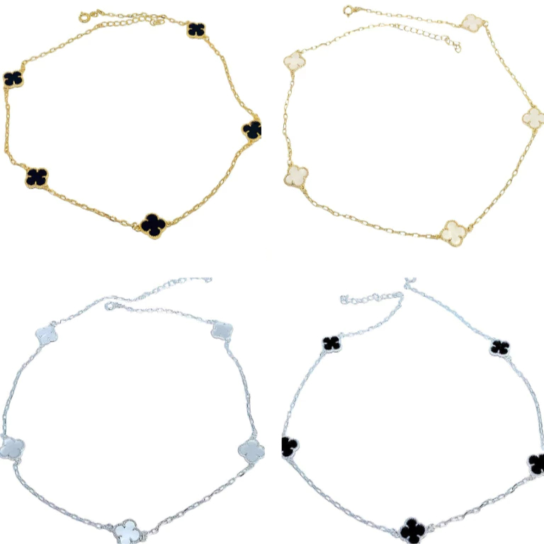 Colar Trevo Banhado a Ouro 18k e Prata - Preto e Branco - Masculino e Feminino - Choker Trevo Vintage 45cm Corrente com 5 Trevos
