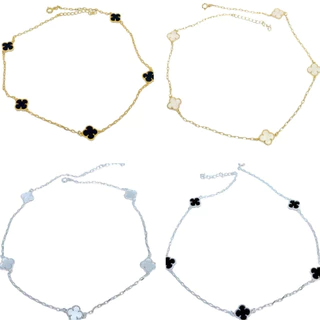 Colar Trevo Banhado a Ouro 18k e Prata - Preto e Branco - Masculino e Feminino - Choker Trevo Vintage 45cm Corrente com 5 Trevos