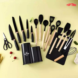 Kit 19 Peças NOVO Completo Jogo Utensílios de Cozinha Luxo Com Tábua em Silicone Espátula Faca Tesoura 2000GR TOPTREE