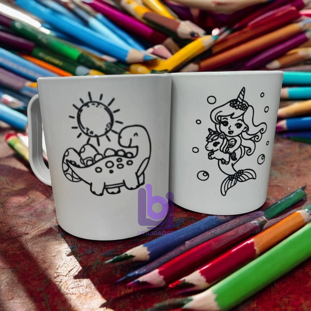 Kit 20 Canecas mágicas 10 Dinossauro/10 Sereia dia das crianças interativa colorir plástico infantil