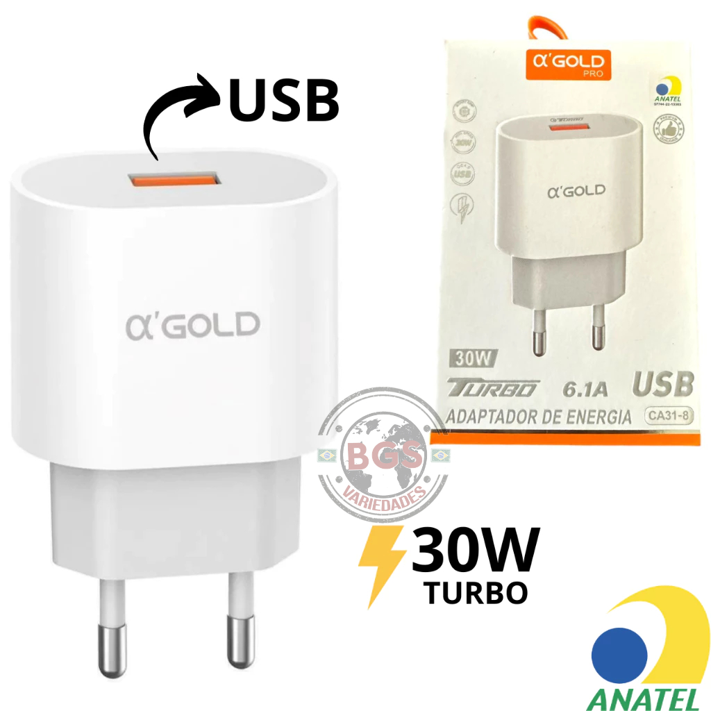 Fonte USB Turbo Rápido 30W 4.0 Anatel Original AGOLD Bivolt Tomada ...