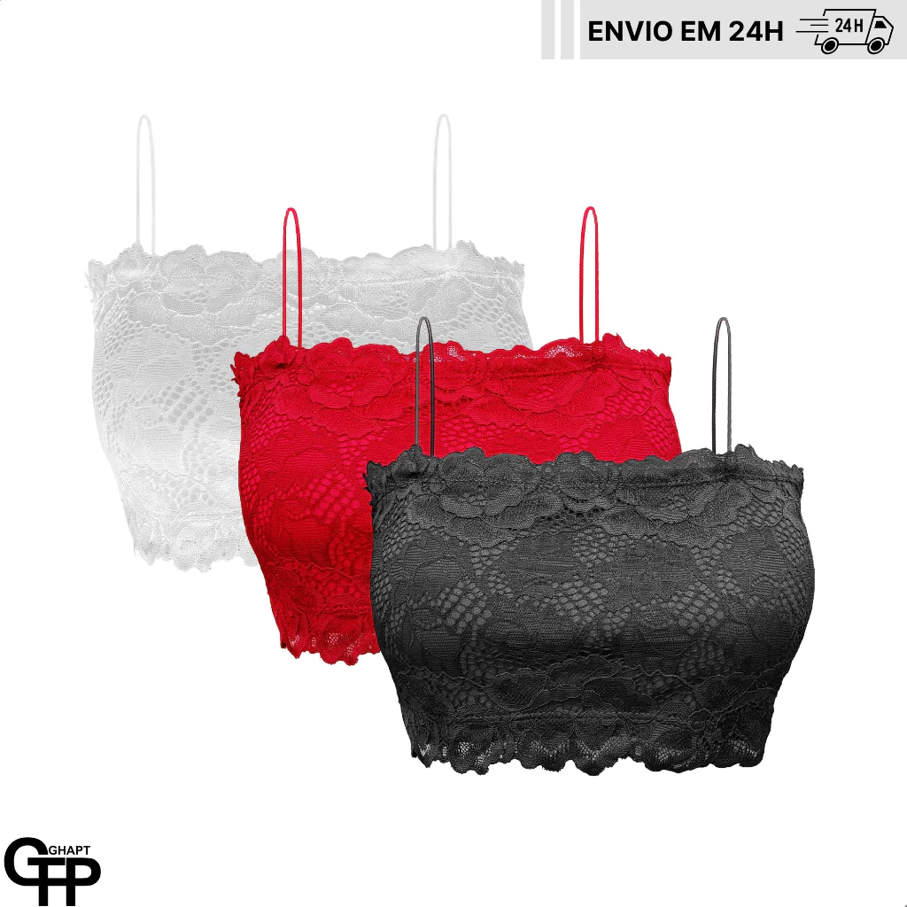 3 Top Faixa Feminino de Renda Cropped Alcinha Sutiã Com Bojo