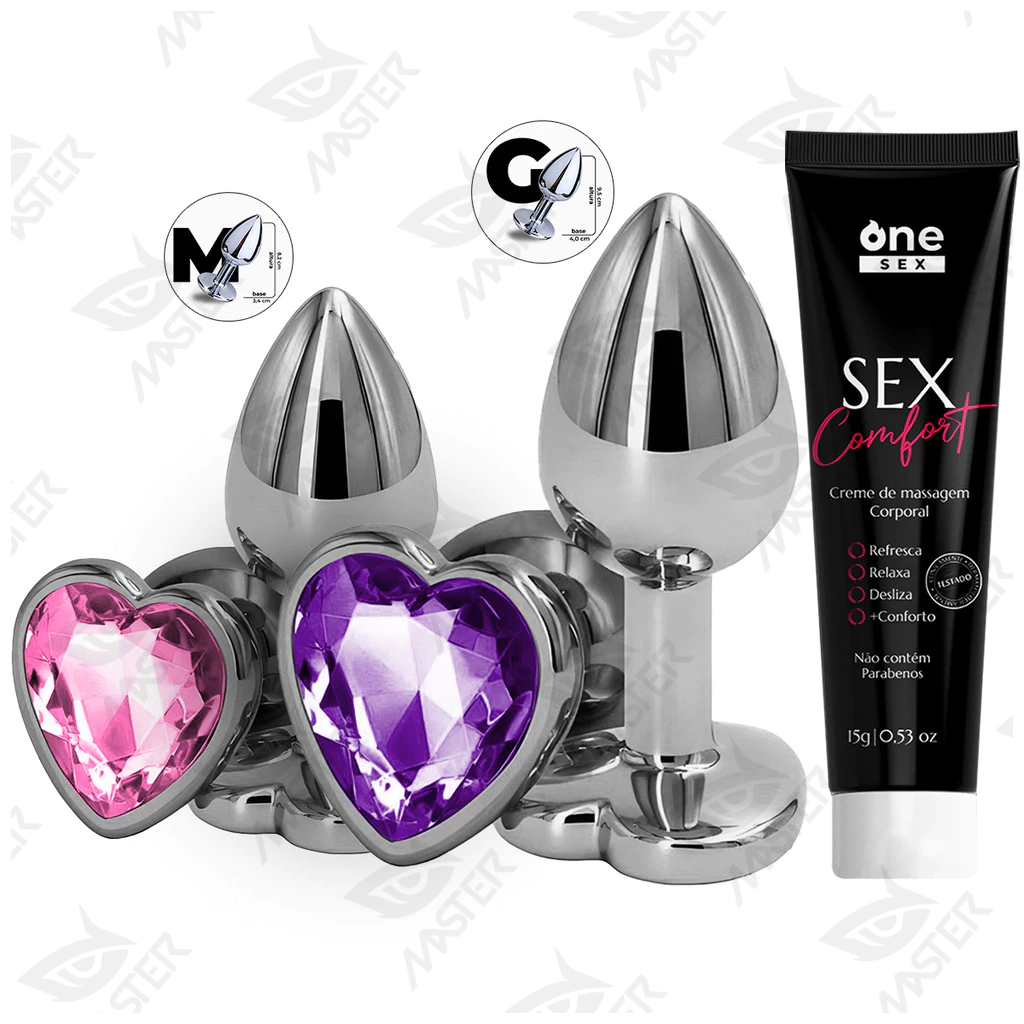 Kit Plug Anal Tam M Coração + Plug Anal Tam G Coração + Gel Lubrificante Anal Sex Comfort