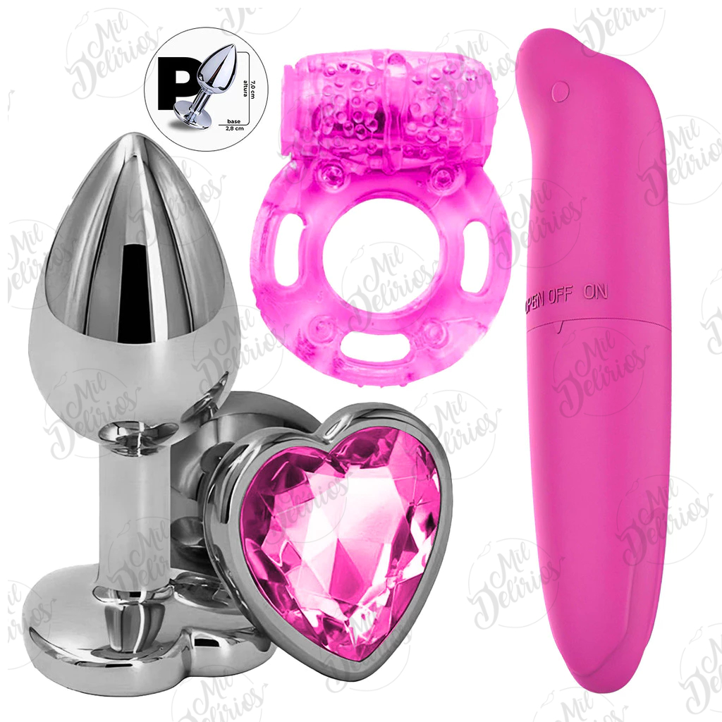 Kit Plug Anal Formato Coração P + Vibrador Feminino Ponto G Liso + Anel Peniano com Vibração