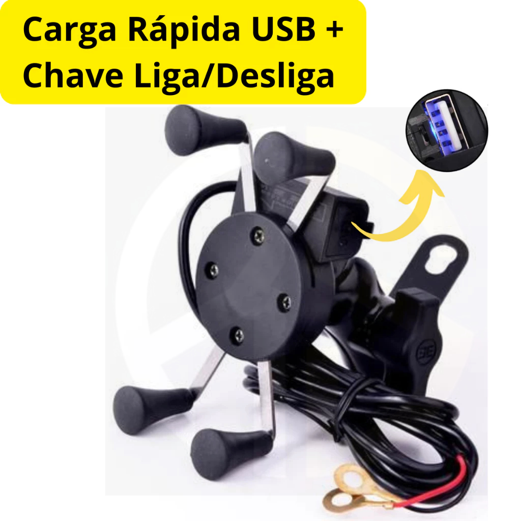 Suporte Garra Para Celular Moto Universal Com Carregador Usb Rapido e chave interruptor liga desliga