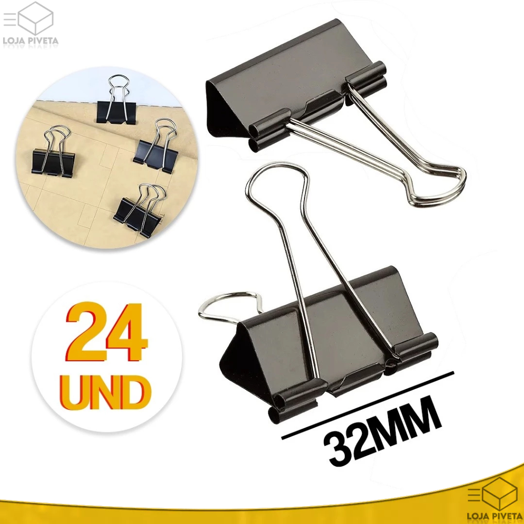 Kit 24 Und Grampos Prendedor Clips Binder Papel 32mm Premium