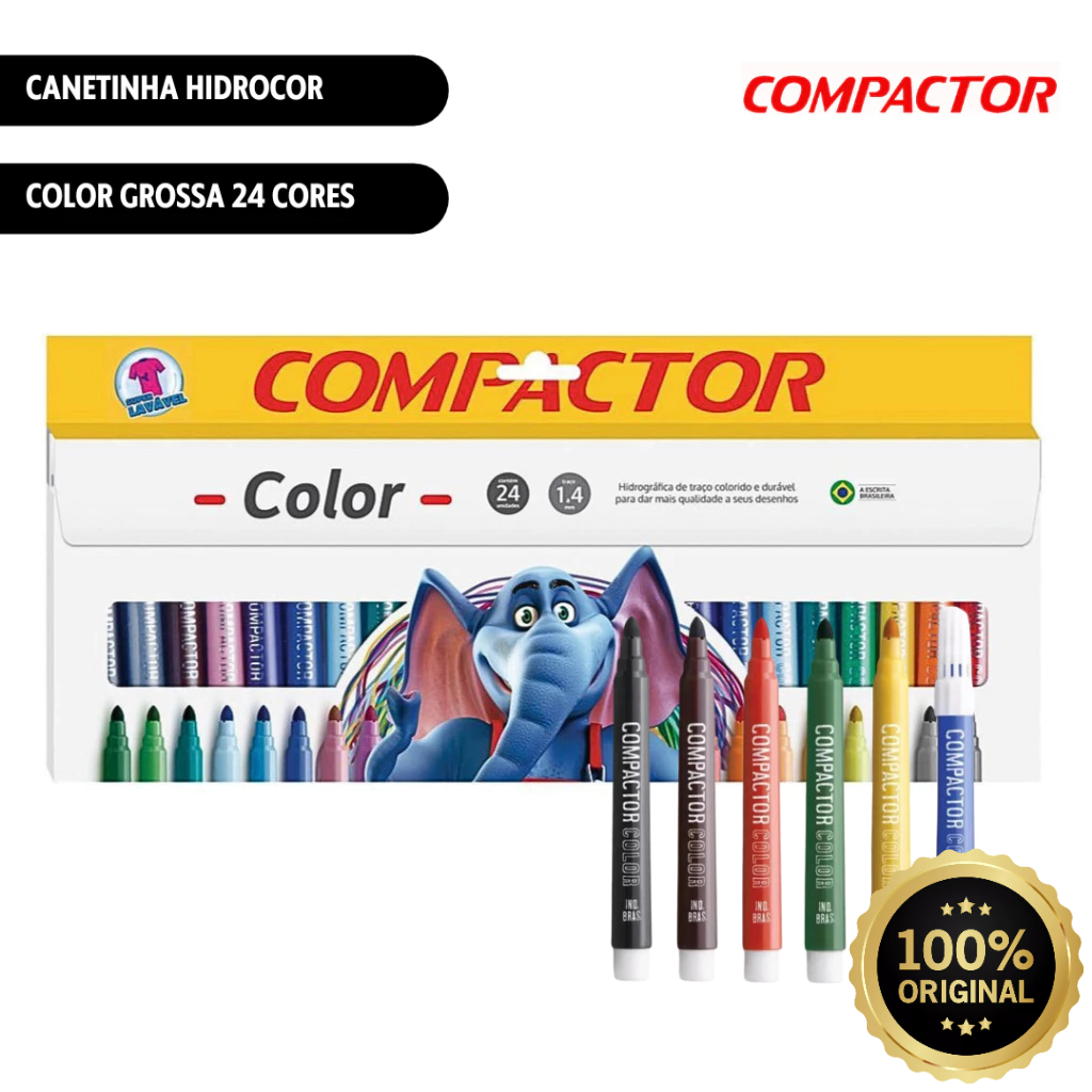 Canetinha Hidrocor Color Grossa 24 Cores Compactor | Shopee Brasil