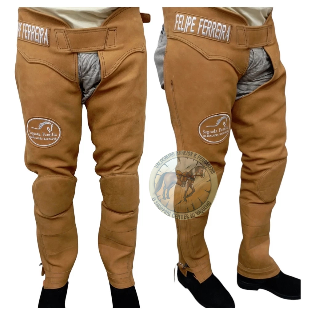 Perneira Calça Couro Personalizada Vaquejada Proteção Marrom