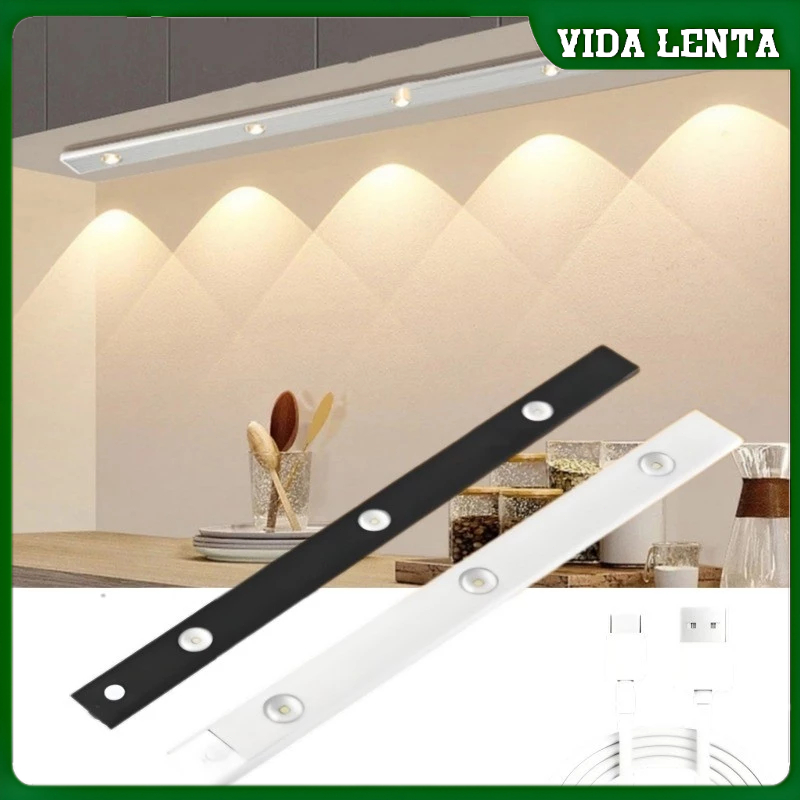 Luminária 3 Cores LED Sensor De Movimento Luz Recarregável USB Cozinha Armário Roupeiro