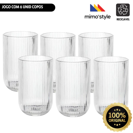 Jogo c/6 unid copo de vidro 420ml suco água refrigerante refresco canelado