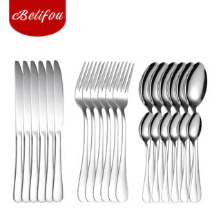 Belifou Kit 24 Jogo De Talheres Para Bife Aço Inoxidável 416 Prata Com Colher Pequena