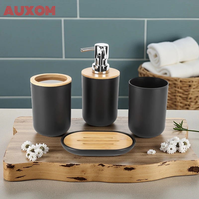 Kit 4 Peças para Banheiro em Bambu de Preto e Branco – Saboneteira, Porta Sabão Líquido, Escova e Copo