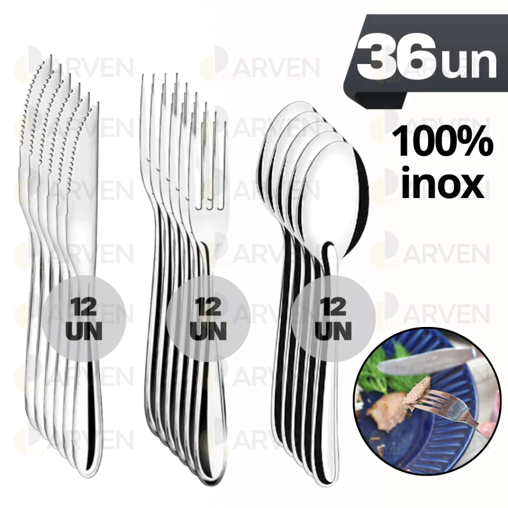 Jogo de Talheres 36 peças Aço Inox 12 Facas 12 Garfos e 12 Colheres de Mesa