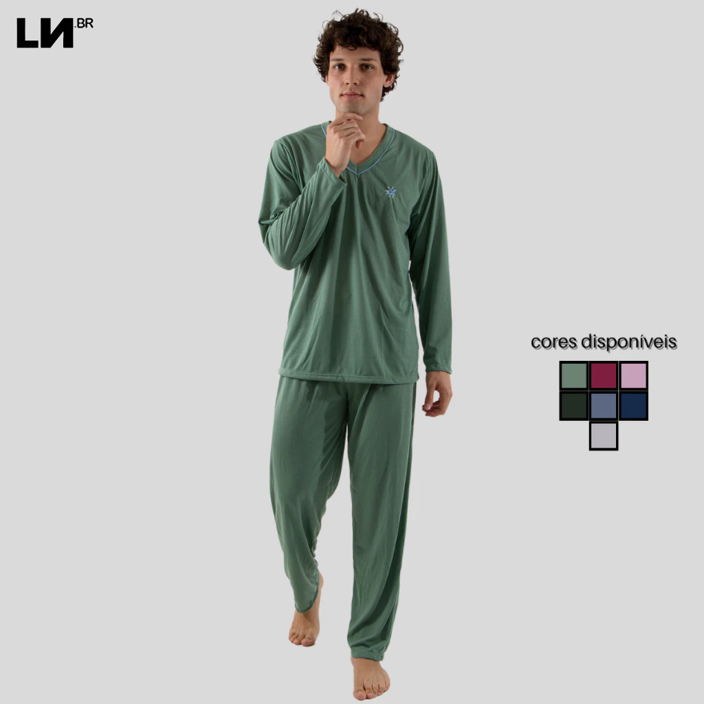 Pijama Longo Masculino Linha Noite Gola V Inverno de Malha em Oferta na Shopee