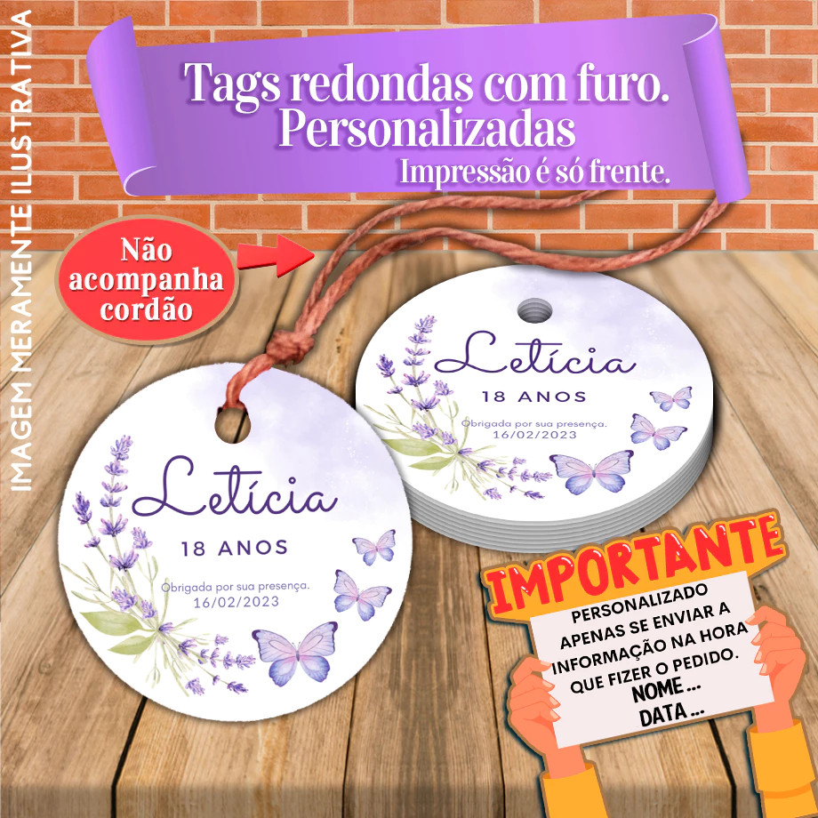 Tags Redondas Personalizadas Borboletas e Floral Lilás - Rosa ...