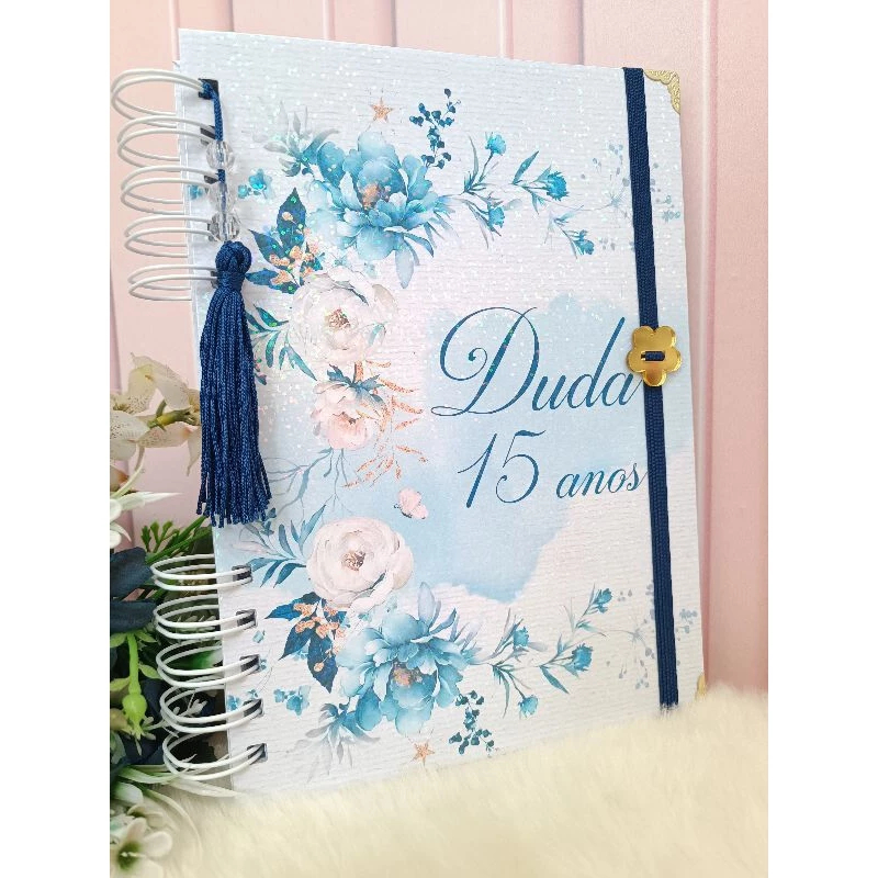 Caderno de assinatura 15 anos - Caderno Personalizado - Floral Azul ...
