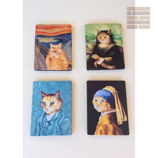 kit quadros decorativos gatinhos monalisa, van gogh, o grito e moça com brinco de pérolas obras de artes famosas em tela acetinada 20x15