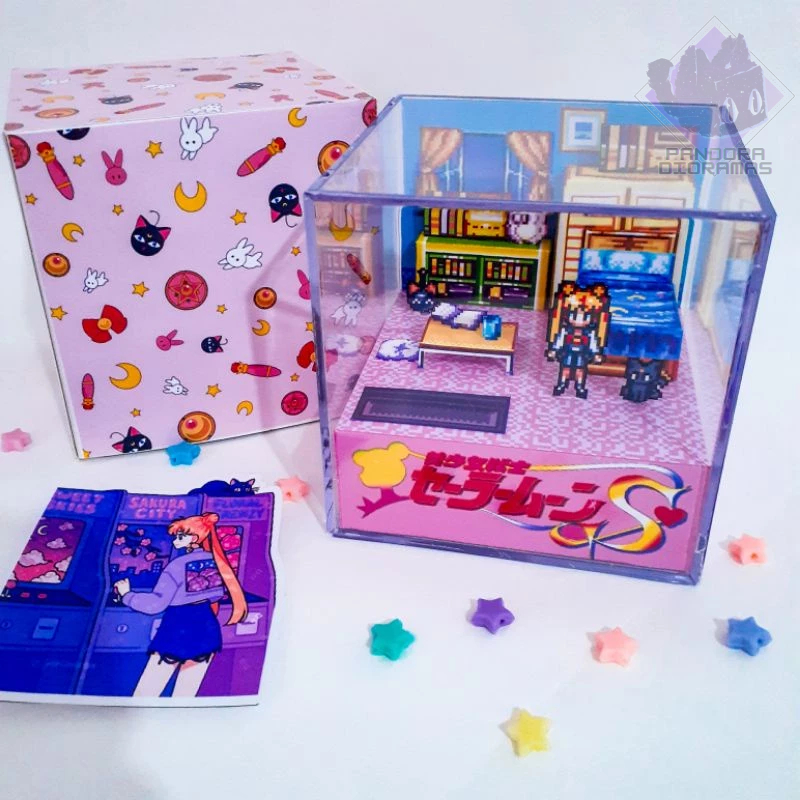 Cubo Diorama 3D Sailor Moon Quarto da Usagi Tsukino em Cubo de Acrílico 9x9x9cm
