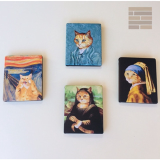 kit 4 quadros decorativos gatinhos monalisa, van gogh, o grito e moça com brinco de pérolas obras de artes famosas tela acetinada