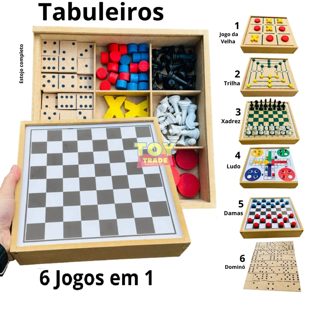 Jogos De Tabuleiro 6x1 Xadrez Damas Ludo Trilha Velha Resta1 - Futura  Brinquedos Educativos