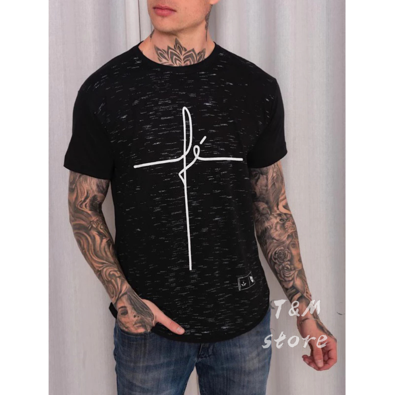 Camiseta long line ADULTO masculino manga curta estampada Fé