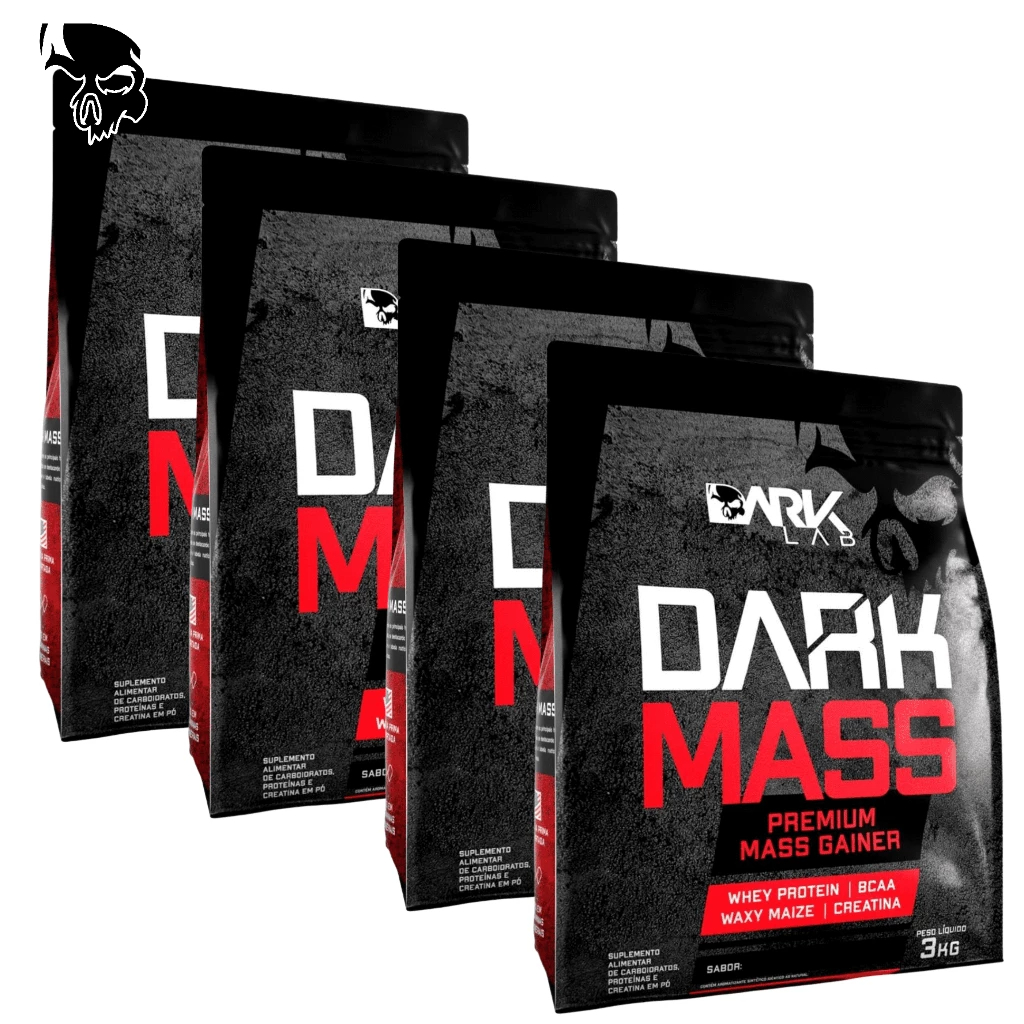 KIT 4 Hipercalorico Dark Mass 3kg Dark Lab – Whey Protein, Creatina, BCAA, Waxy Maize, Premium Mass Gainer