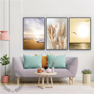 Quadros Decorativos Mosaico 3 Peças 60x40 Mar Flores Pássaros Tons Bege Moderno Sala Quarto Escritório