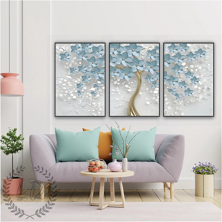 Quadros Decorativos Mosaico 3 60x40 Peças Árvore de Cerejeiras Azul Claro Moderno Sala Quarto Escritório