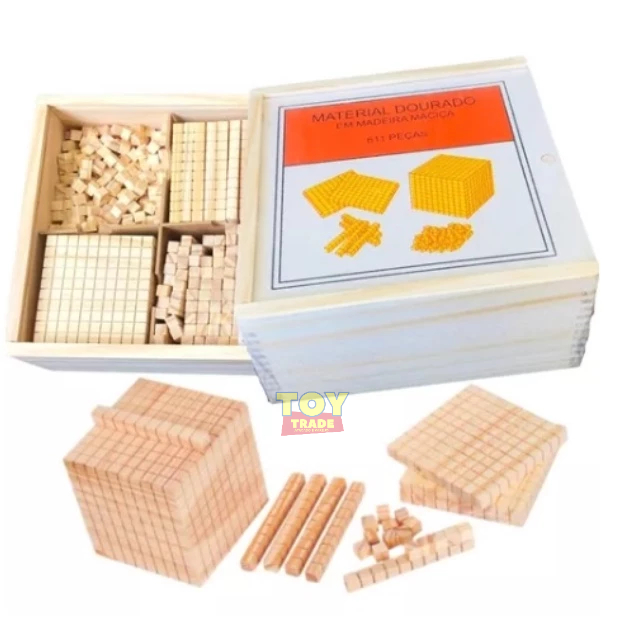 Material Dourado 611 Peças em Madeira, sendo 1 Cubo (Milhar), 10 Placas (Centenas), 100 Primas (Dezenas), e 500 Cubos (Unidades)