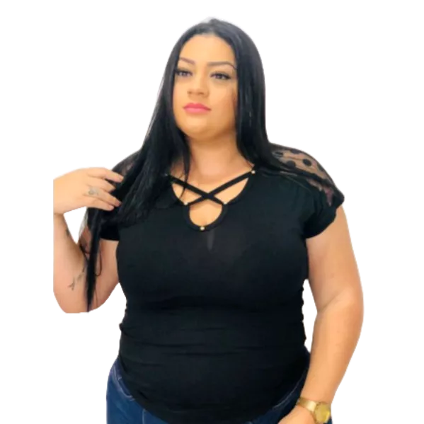Blusinha plus size feminina de manguinha com tule moda blogueira