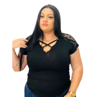 Blusinha plus size feminina de manguinha com tule moda blogueira
