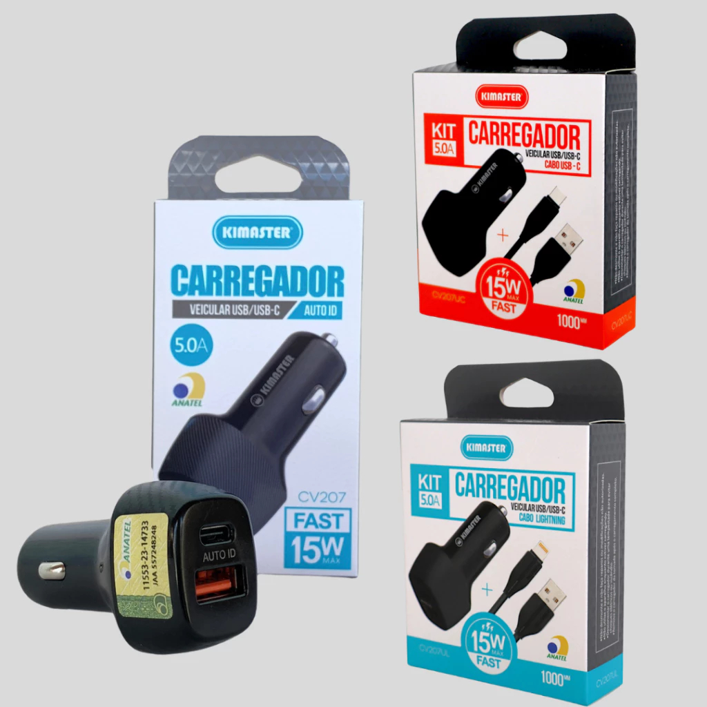Carregador Veicular Kimaster 15W Rápido USB/USB-C + Cabo Tipo C ou ...
