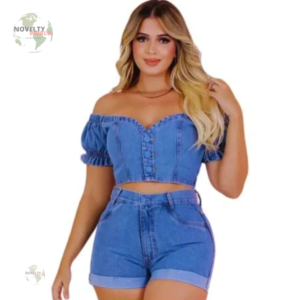 Conjunto Feminino Jeans Cropped e Short com Elastano Barra Dobrada ...