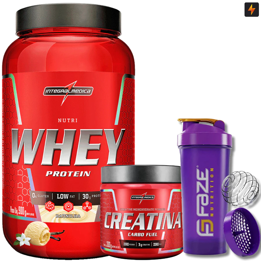 Kit Nutri Whey Pote 900g + Creatina CarboFuel 300g + Coqueteleira - I