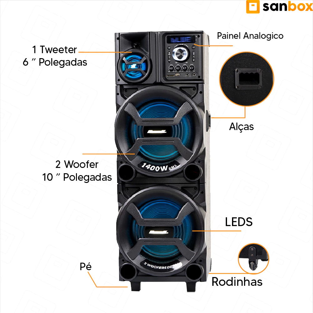 Caixa de Som Amplificada Amvox ACA 1402 Titan Black LED TWS 1400w