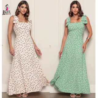 Vestido Feminino Longo Elegante Com Laços No Ombro Estampas Tropicais Decote Quadrado Para Todas As Estações em Oferta na Shopee
