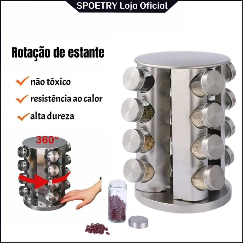 Porta Tempero 360° Giratório Inox 12 16 Potes Com Suporte Giratorio